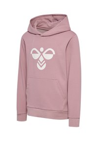 Sweat à capuche rose clair avec poche kangourou et logo géométrique d’abeille blanc centré sur la poitrine.