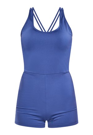 Romper sportivo blu con una texture liscia e affusolata, scollatura a V e più sottili spalline sul retro. Taglio a pantaloni corti con vita aderente.