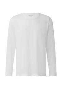 Langärmliges weißes T-Shirt aus weicher Baumwolle, mit klassischem Rundhalsausschnitt und lockerem Schnitt, ohne zusätzliche Muster oder Akzente.