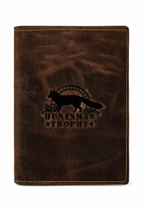 Braune Leder-Geldbörse mit geprägter schwarzer Fuchssilhouette und dem Schriftzug "Huntsman Trophy" auf der Vorderseite.