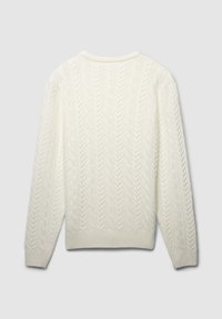 Biała sweter z dzianiny z teksturowanym wzorem w warkocze, okrągłym dekoltem oraz ściągaczami przy rękawach i na dole. Widok z tyłu przedstawia pełny design.