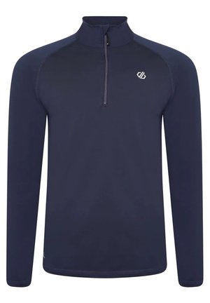 Marineblaues Langarm-Pullover mit einem Halb-Zip-Kragen, Raglanärmeln und einem kleinen Logo auf der Brust. Glattes, leichtes Material.
