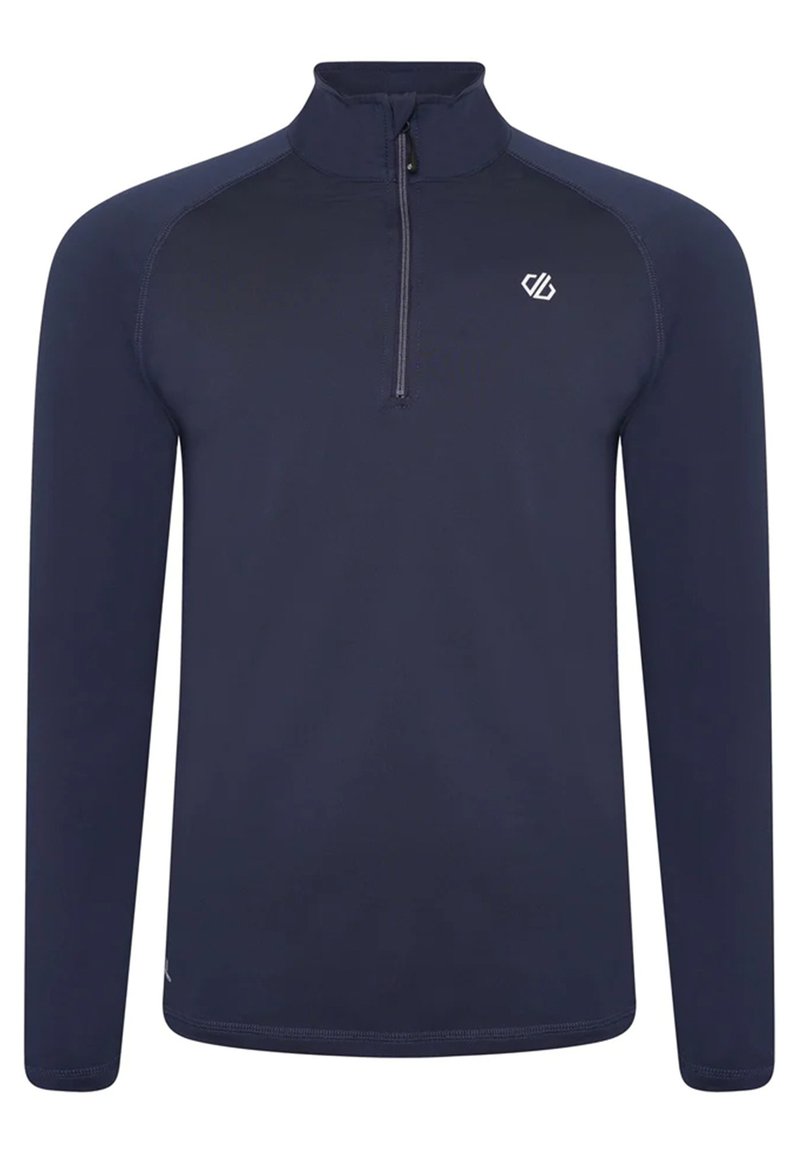 Marineblaues Langarm-Pullover mit einem Halb-Zip-Kragen, Raglanärmeln und einem kleinen Logo auf der Brust. Glattes, leichtes Material.