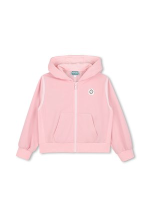 Lichtroze zip-up hoodie met voorzakken, capuchon, geribde manchetten en zoom, en klein rond Kenzo Paris-logo op de linkerborst.