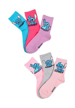 Three pairs of colorful socks feature cartoon characters. Colors include blue, pink, purple, and gray. Each has unique text and design details.
