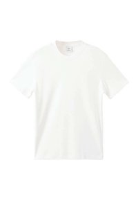 Bela kratka majica s kratkimi rokavi, narejena iz gladkega bombaža, z okroglo izrezom in sproščenim krojem brez vidnih vzorcev ali okrasnih elementov.
