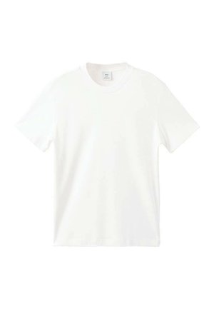 Bela kratka majica s kratkimi rokavi, narejena iz gladkega bombaža, z okroglo izrezom in sproščenim krojem brez vidnih vzorcev ali okrasnih elementov.