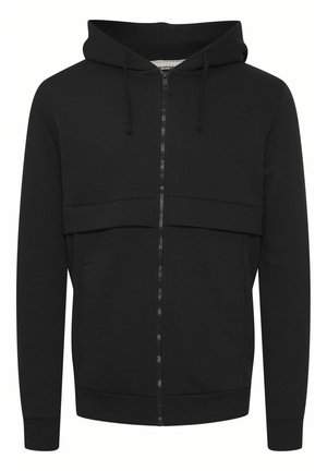 Schwarze Zip-Up Kapuzenjacke, mit einer Kapuze, vorderen Taschen und elastischen Bündchen. Hergestellt aus einem glatten, weichen Stoff mit einem flachen Designs auf der Vorderseite.