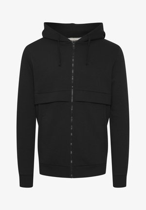 Schwarze Zip-Up Kapuzenjacke, mit einer Kapuze, vorderen Taschen und elastischen Bündchen. Hergestellt aus einem glatten, weichen Stoff mit einem flachen Designs auf der Vorderseite.
