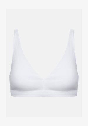 White ribbed bralette with a deep V-neck, wide straps, and a smooth band under the bust. Made from a soft, stretchy fabric.