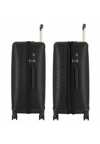 Valigia rigida nera con motivo testurizzato, doppia cerniera, manico estraibile e quattro ruote girevoli per una facile manovrabilità.