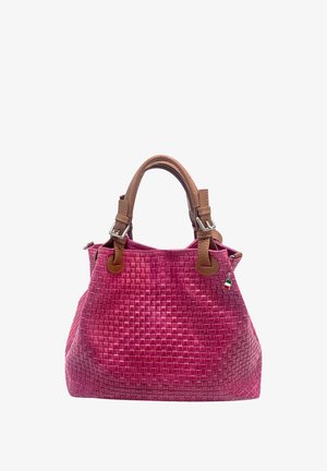 Woven pink leather handbag with brown shoulder straps, featuring a textured surface and a small Italian flag detail.