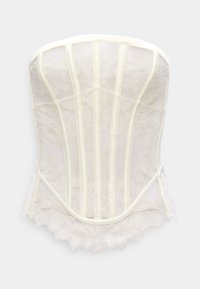 Δαντελένιο κορσάζ σε εκρού απόχρωση με διάφανο ύφασμα, δομημένα μπόνινγκ και ποδόγυρο από δαντέλα με κυματιστό τελείωμα, που διαθέτει λεπτή, εφαρμοστή σιλουέτα.