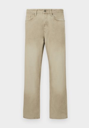 Beżowe spodnie bawełniane o prostym kroju, z kieszeniami z przodu i klasycznym zapięciem na guzik. Gładka faktura z delikatnym wypłowieniem.