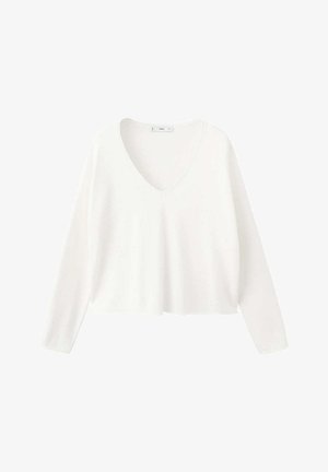 Maglione bianco a maniche lunghe con scollo a V, vestibilità rilassata e lunghezza leggermente corta, mostrato su sfondo bianco.