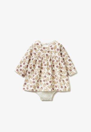 Robe à motifs floraux en crème avec des manches longues, ornée de motifs de roses dorées et bordeaux, taille froncée et fermeture à boutons dans le dos.