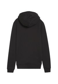 Zwarte hoodie met een eenvoudige uitstraling, zachte textuur, geribde manchetten en zoom, en een gecentreerde rugnaad. Geen zichtbare logo's of patronen.