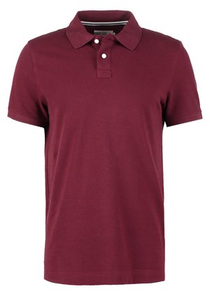 Burgundské polo tričko, krátké rukávy, zapínání na knoflíky, žebrovaný límec, vyrobeno z bavlněné látky, hladká textury, jednoduchý design bez vzorů.