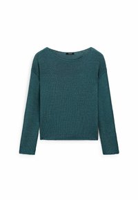 Sinihtävänvihreä neulottu villapaita, jossa on leveä pääntie, pitkät hihat ja rento istuvuus. Pintakuvio on hieman ribbineulottu ja paita on lyhytmallinen.