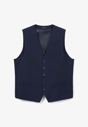 Navy blue vest with a textured fabric, featuring a V-neck, six buttons, two front pockets, and a smooth inner lining.