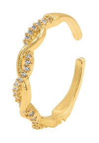 Gouden gedraaide ring met kleine heldere stenen, met een gladde afwerking en een open ontwerp voor verstelbare maat.