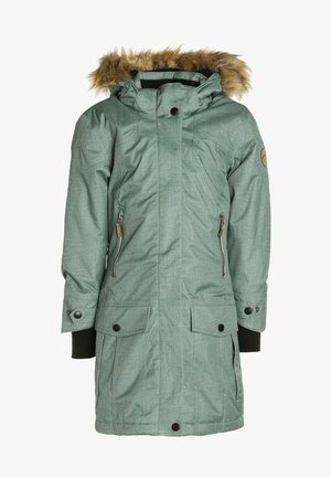 Parka d'hiver verte avec capuche bordée de fourrure, fermeture éclair avant avec rabat, poches latérales zippées, poches basses à boutons et boutons aux poignets.