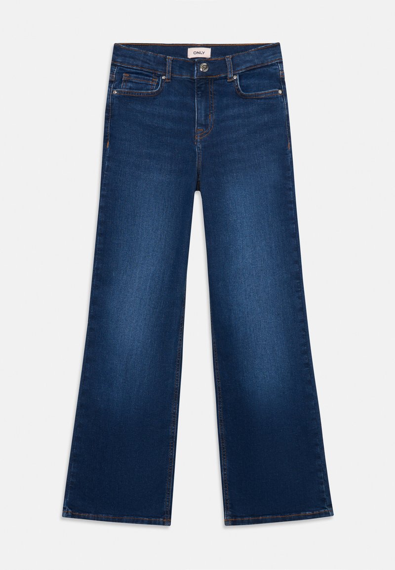 Jeans de perna larga em azul escuro, feitos de denim. Apresentam dois bolsos frontais, dois bolsos traseiros e um fecho de botão com fecho de correr.