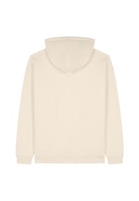 Felpa a maniche lunghe beige con cappuccio, con polsini e orlo a coste, mostrata da dietro su uno sfondo bianco.