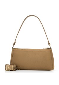 Borsa a mano in tessuto marrone con chiusura a cerniera, una sola tracolla curva e un connettore per tracolla rimovibile; superficie texture e design minimal.