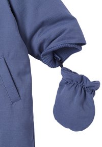 Blue, textured jacket sleeve with elastic cuff and attached blue mitt. Jacket features a side pocket, creating a practical design.