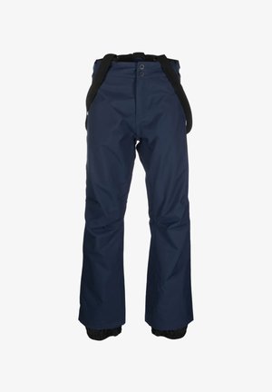 Marine waterdichte skibroek met elastische bretels, twee voorknopen, uitlopende pijpen en versterkte boorden voor extra duurzaamheid.