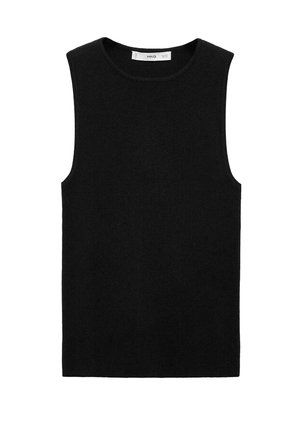 Top negru fără mâneci, din tricot, cu un guler rotund și un material moale, texturat. Design minimalist, fără modele sau accente vizibile.