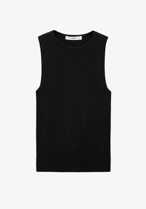 Crna bezrukava pletena majica s okruglim izrezom i mekanom, teksturiranom tkaninom. Minimalistički dizajn bez vidljivih uzoraka ili akcenta.