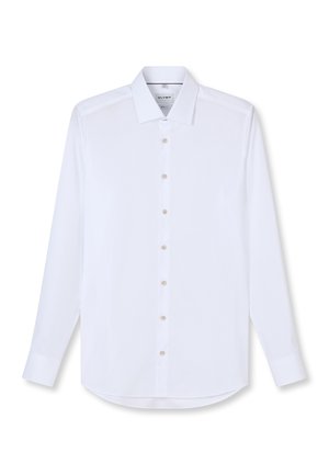 Camicia da uomo bianca a maniche lunghe con bottoni sul davanti e collo appuntito, mostrata distesa su sfondo bianco.