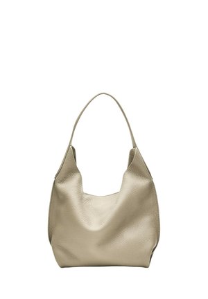 Beige Lederschultertasche mit einem Riemen, weicher Textur und geräumigem, leicht schlaffem Design.