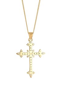 Guld kors vedhæng med intrikat udskæringsdesign, der har en tekstureret overflade og små runde detaljer langs kanterne, hængende på en kæde.