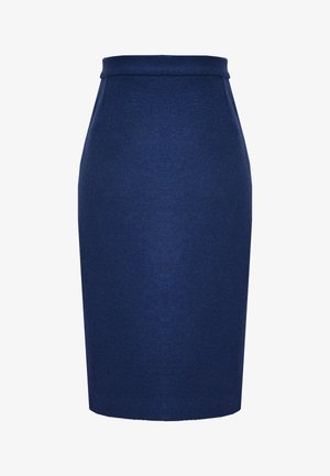 Granatowa spódnica ołówkowa wykonana z teksturowanej tkaniny, cechująca się wysokim stanem, gładką sylwetką, długością do kolan i brakiem widocznych ozdób.