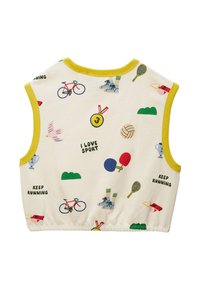Haut court blanc sans manches avec bordure jaune, présentant des graphismes colorés sur le thème du sport, incluant des bicyclettes, des médailles, et du texte motivant.