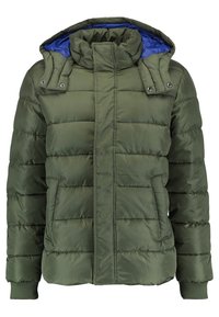 Puffjacka i olivgrön med blå foder, med hög krage, tryckknappar och ribbade muddar, designad med kviltade paneler.