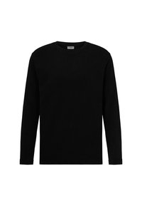 Schwarzes Langarmshirt aus Baumwolle. Verfügt über einen runden Halsausschnitt und einen geraden Schnitt, mit einer glatten Textur und ohne sichtbare Muster oder Verzierungen.