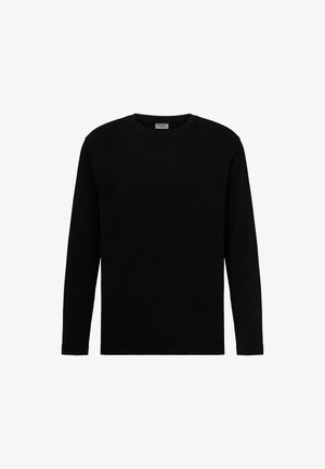Schwarzes Langarmshirt aus Baumwolle. Verfügt über einen runden Halsausschnitt und einen geraden Schnitt, mit einer glatten Textur und ohne sichtbare Muster oder Verzierungen.