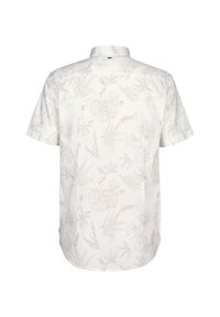 Short-sleeve shirt in white fabric featuring a light beige floral and bird pattern, classic collar, and rounded hemline.
