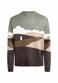 Knitted sweater in green, beige, and brown hues. Features a landscape design with mountains and a house. Classic crew neck and ribbed cuffs.