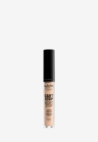 Correttore NYX Can't Stop Won't Stop in un tubo trasparente con un applicatore nero. Formula beige chiaro, liscia e etichettata per il contouring. Capacità di 3,50 mL.