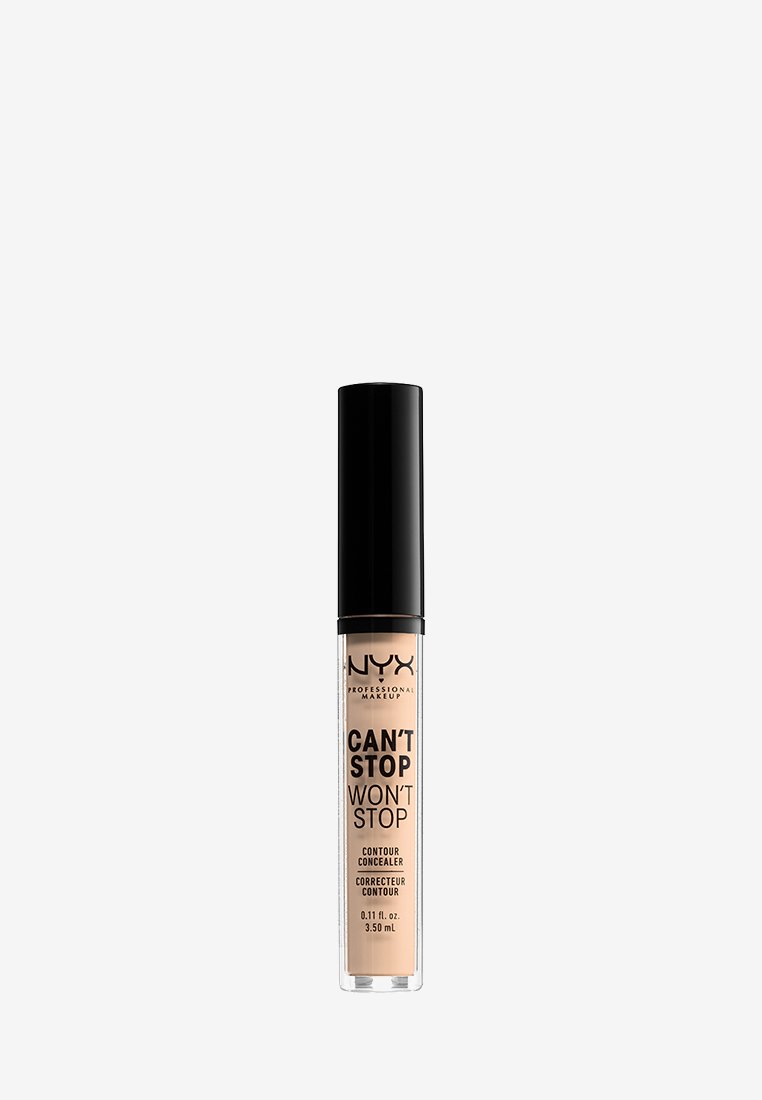 Correttore NYX Can't Stop Won't Stop in un tubo trasparente con un applicatore nero. Formula beige chiaro, liscia e etichettata per il contouring. Capacità di 3,50 mL.