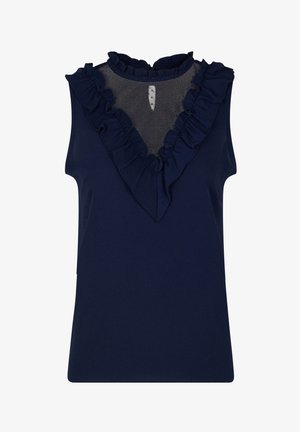 Granatowa bluzka bez rękawów z falbankowym dekoltem w kształcie litery V oraz przezroczystym, kropkowanym paneliem z siateczki na piersi, z zapięciem na guzik z tyłu.