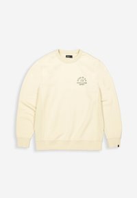 Crème-kleurige sweatshirt gemaakt van zachte stof. Heeft een ronde halslijn, lange mouwen en een klein logo in donkergroen op de borst.