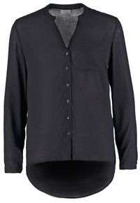 Black long-sleeve button-up shirt with Mandarin collar and chest pocket, curved hem longer in the back.