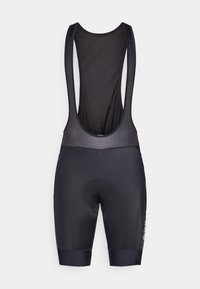 Sorte sykkelshorts med bånd uten ermer, meshbakside, polstret innsetting og elastiske benåpninger for komfort og støtte.