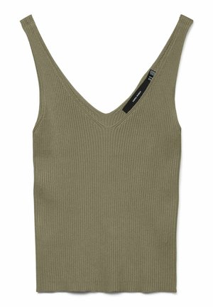 Top smanicato in maglia a coste verde oliva con scollo a V e etichetta del marchio in tessuto nero sulla spallina sinistra.